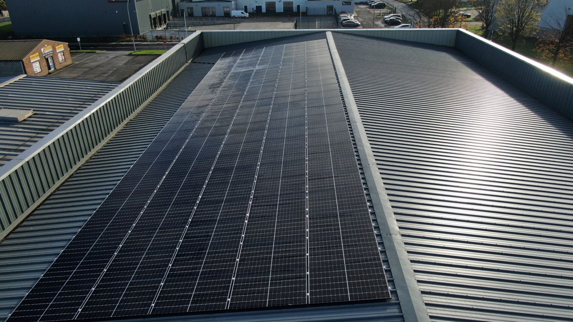 DGD Shredding rooftop array overview, 130 Longi panels above the secure-shredding facility