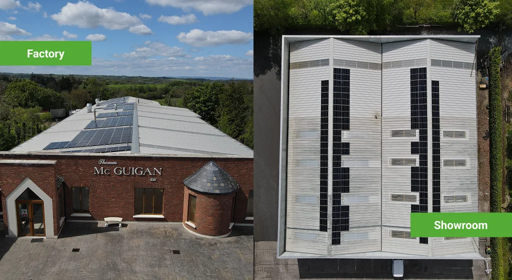 Full rooftop view of the 192-panel Tier-1 array on the McGuigan Furniture plant
