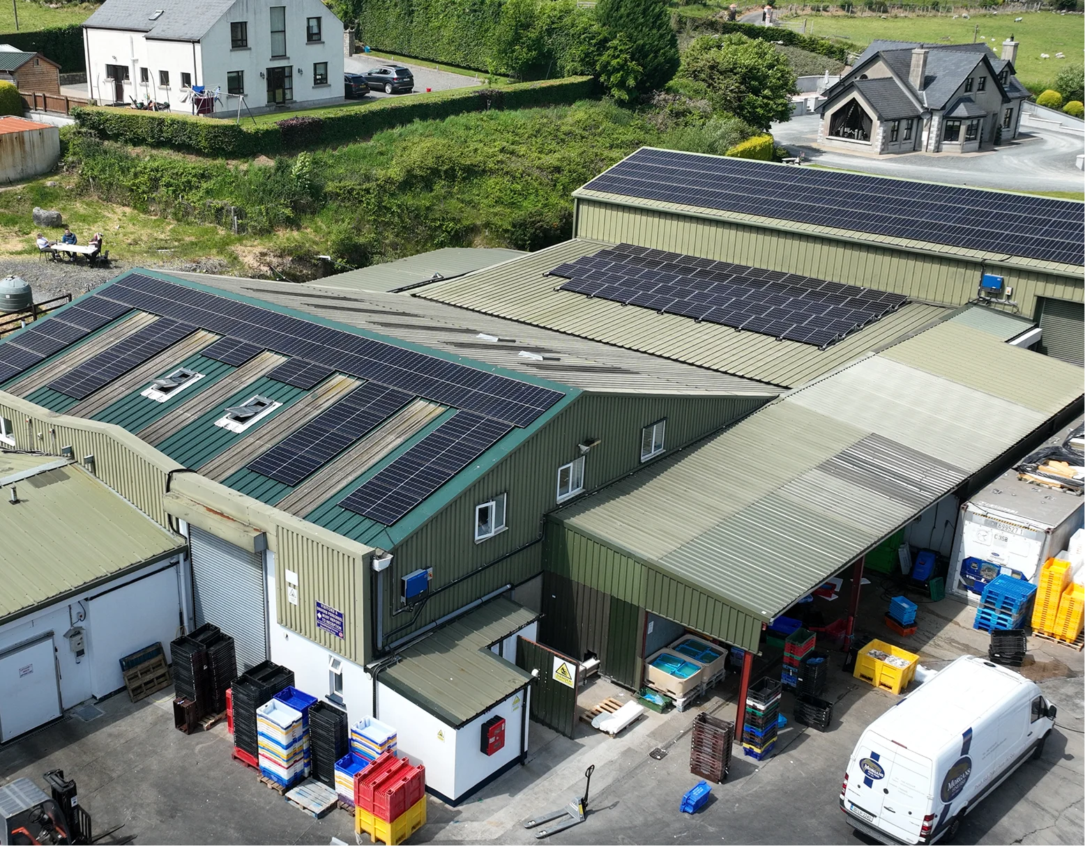 Tier-1 panel rows across the Morgan's Fine Fish processing facility rooftop