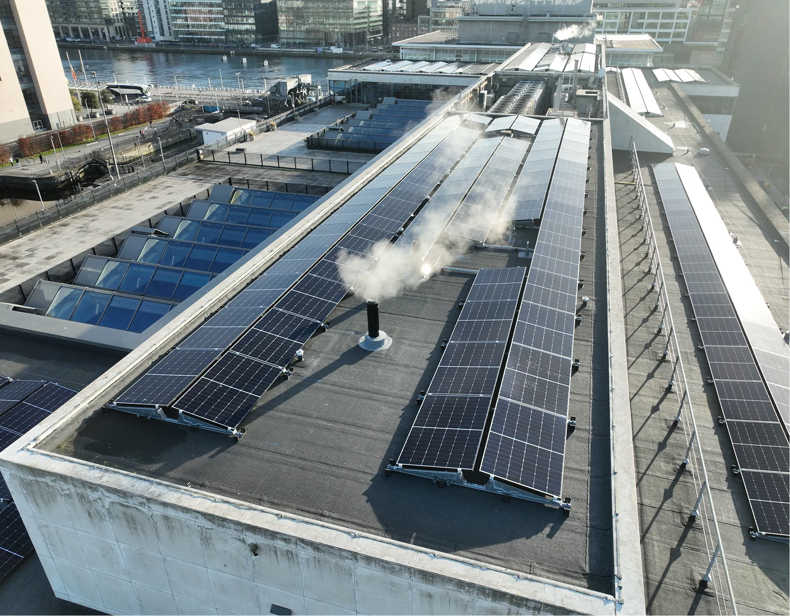 Tier-1 solar panels on the One Dockland Central roof against the Dublin docklands skyline