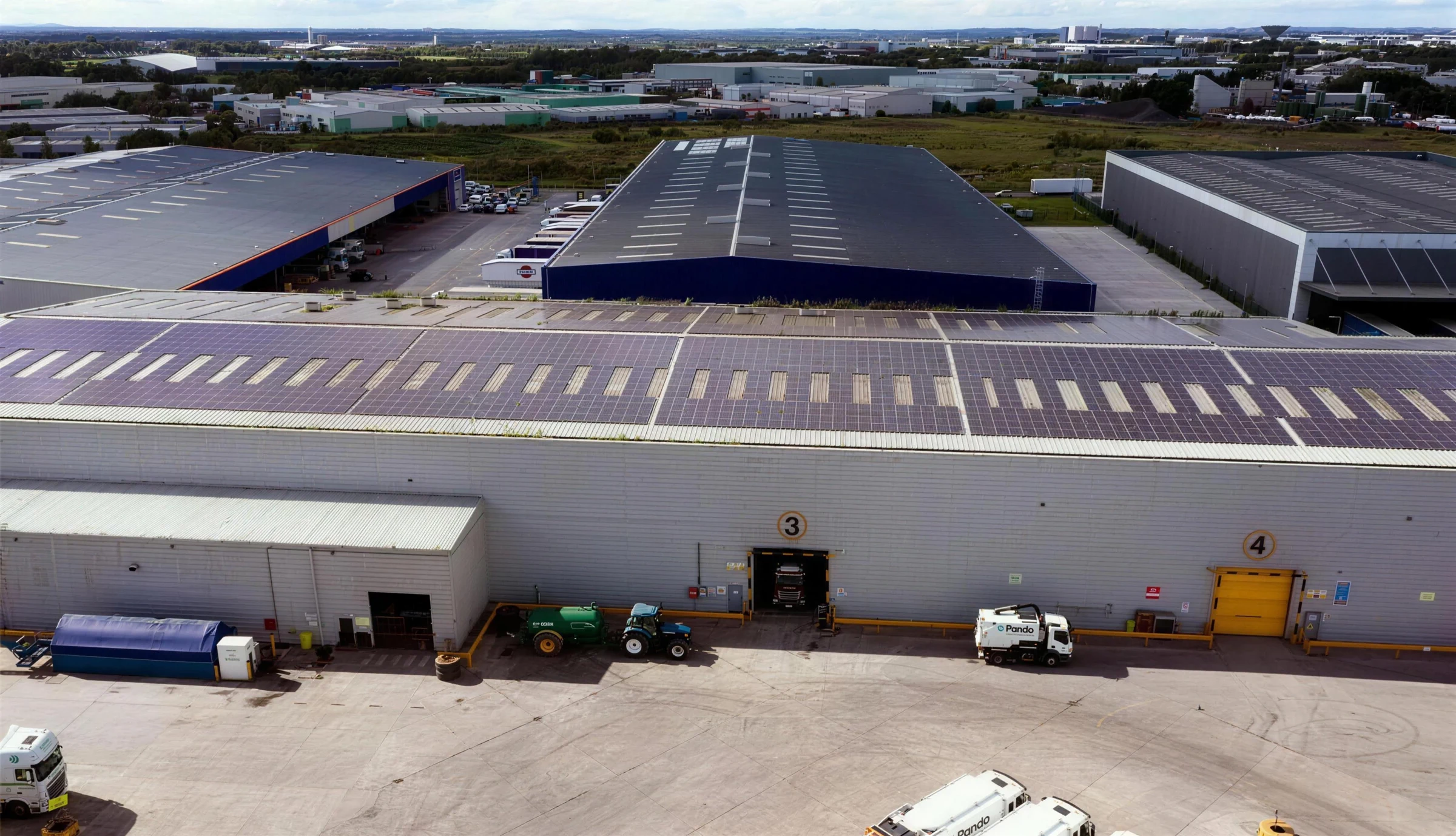 Aerial view of the 800 kWp solar array across the Panda waste-management HQ at Cappagh, Dublin