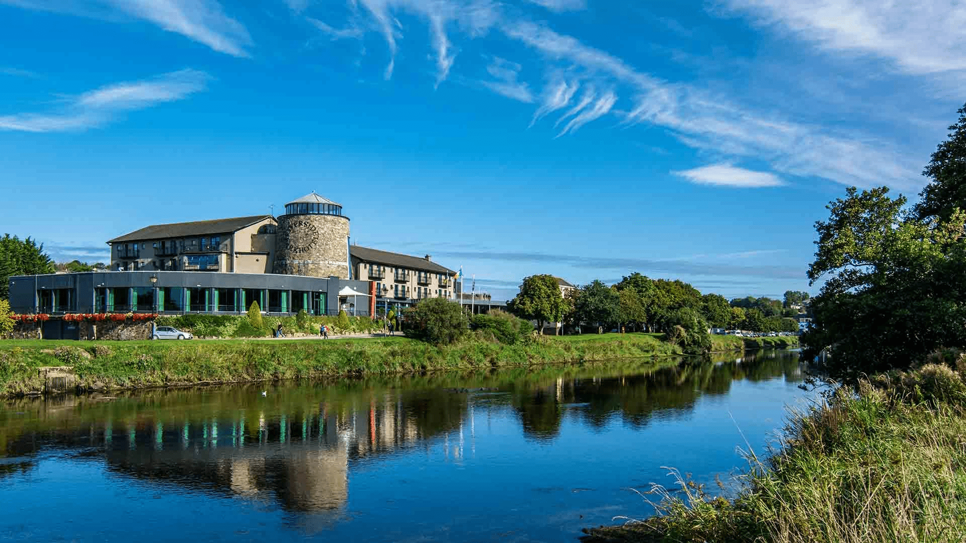Rooftop solar PV array across the pitched and flat roofs of the Riverside Park Hotel, Enniscorthy