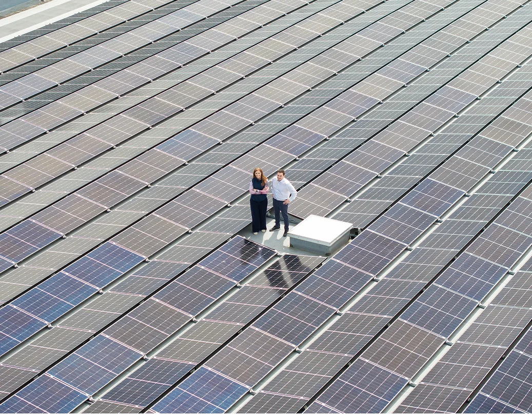Close-up of the Longi Tier-1 panel rows on the TINE Ireland rooftop